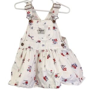 OshKosh 18M Baby Girl Denim Jean Overall Vestbak Dress Floral Red Blue White